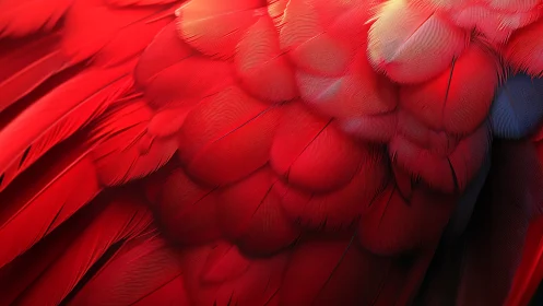 Red parrot feather close-up with layered plumage detail.