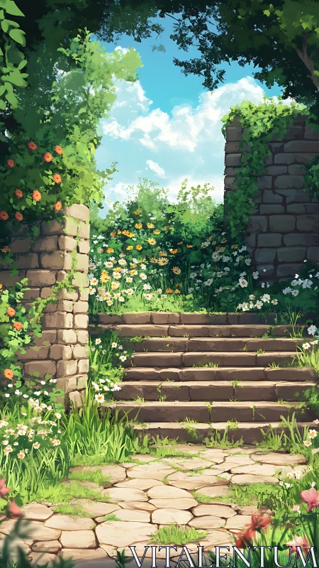 Stone garden steps bordered by dense flowering vegetation.