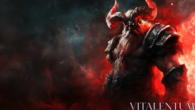 Horned fire warrior standing boldly in swirling cosmic smoke.