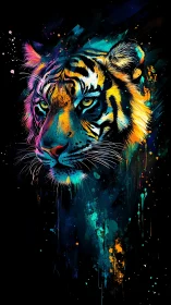 Multicolor tiger portrait with abstract paint splatter on black.