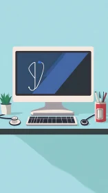Medical workspace with computer and stethoscope on desk.