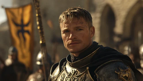 Armored medieval warrior in courtyard with banner behind.