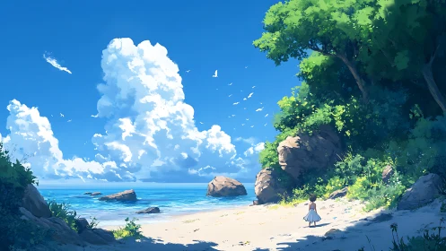 Solitary Explorer at Secluded Tropical Beach.