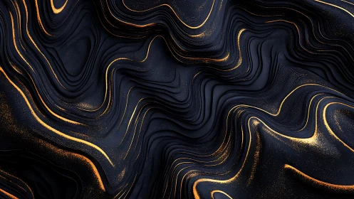 Layered dark surface shows flowing lines and golden traces
