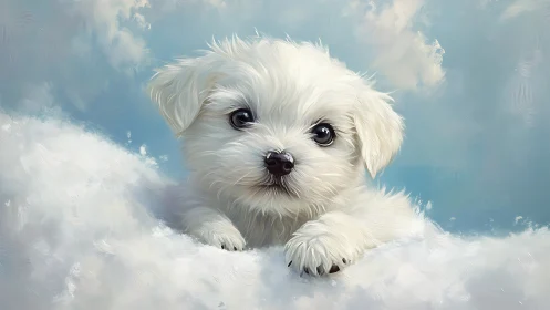 White puppy portrait rests in soft cloudlike background