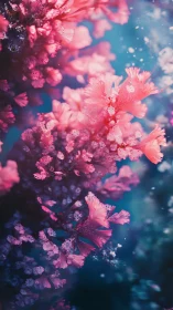 Coral blossoms drift like nebulae through turquoise twilight