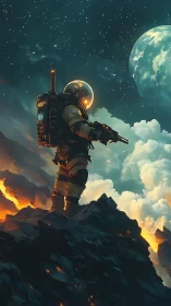 Armored astronaut on volcanic alien ridge at night.