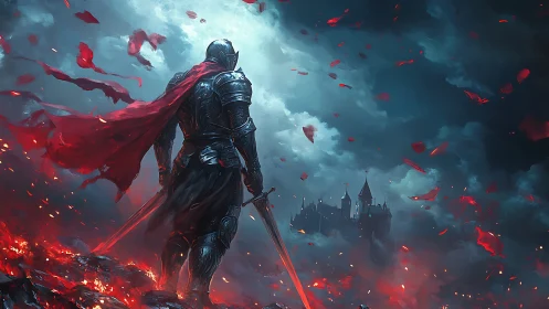 Armored knight in lava-lit battlefield facing stormbound citadel.