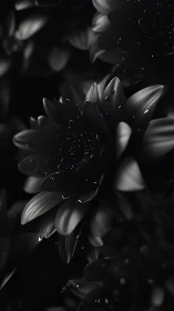 Black and white macro photograph of lily flower with pollen particles.