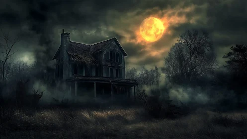 Haunted Victorian farmhouse under cinematic full moon sky.