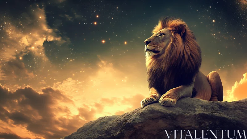 Lion rests on rocky ledge beneath luminous starry sky