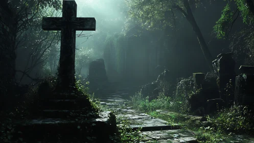Quiet forest graveyard path touched by gentle morning light.