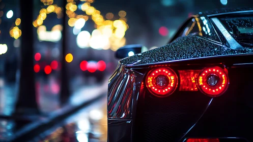 Sports car taillights on rainy city street at night.