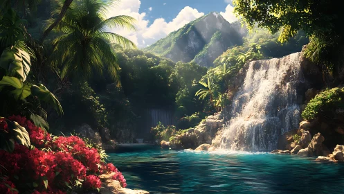 Sunlit jungle waterfall and secret turquoise swimming cove.