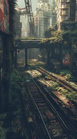 Overgrown urban rail yard shows decayed postindustrial corridor