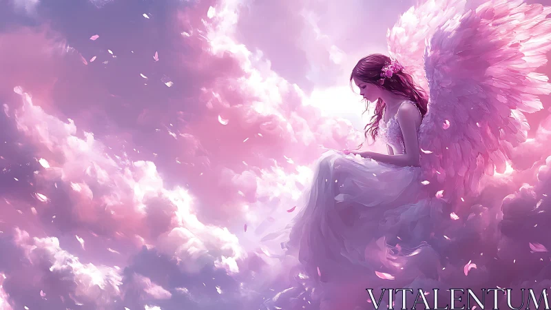Daydreaming angel drifts through rose-lit celestial clouds.