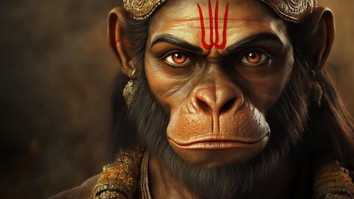 Serene monkey-faced deity portrait glowing with quiet strength.