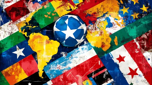 Scratched world flags collide around a bold blue football globe.