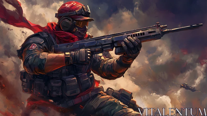 Armored soldier aiming rifle in a smoky battlefield scene.