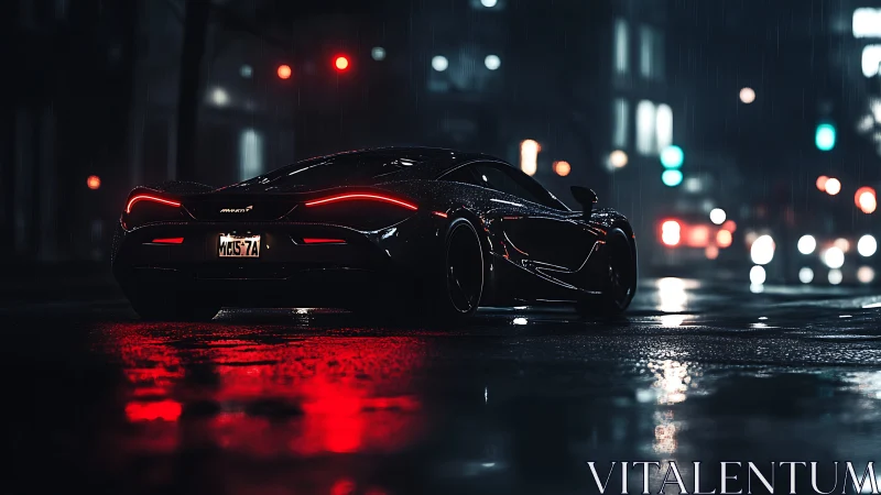 Black sports car stands in wet city street at night