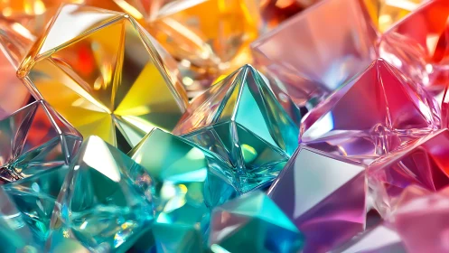 Prismatic crystal cluster in saturated geometric 3D render.