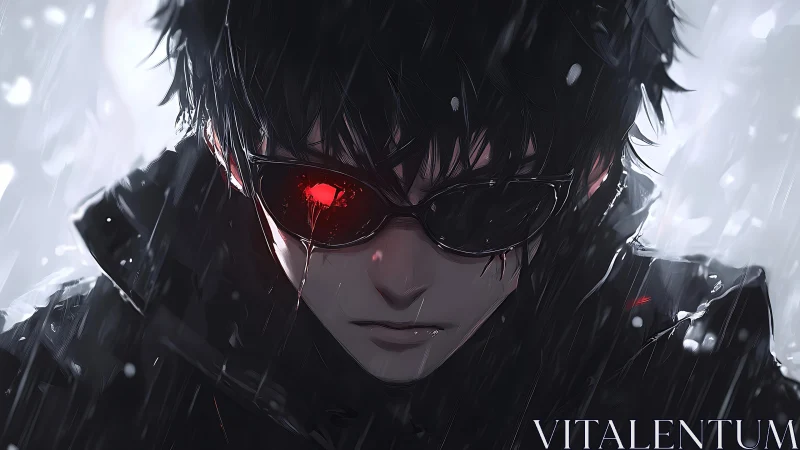 Brooding cyberpunk figure with glowing red lens in rainstorm.