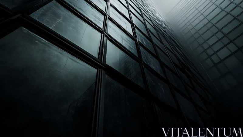 Storm-dark glass towers vanish into a cold urban fog