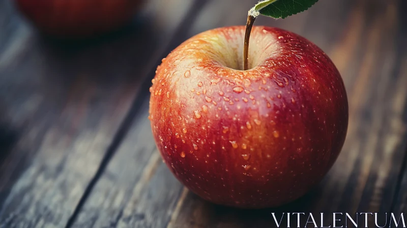 Macro study of dewy red apple on rustic wooden surface