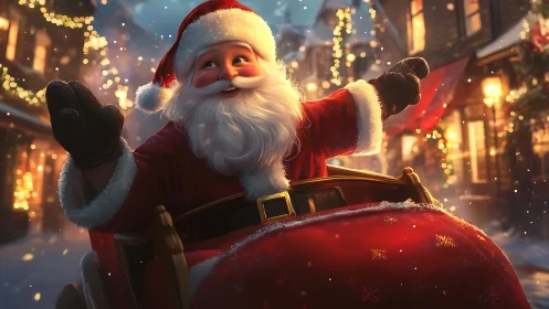 Jolly Santa gliding through a glowing snowy village street.