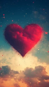 Glowing Heart in Sunset Sky with Floating Particles.