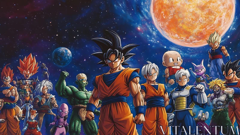 Dragon Ball Z heroes and villains under cosmic sky.