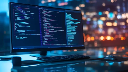 Softly lit coding workspace glows with colorful night energy