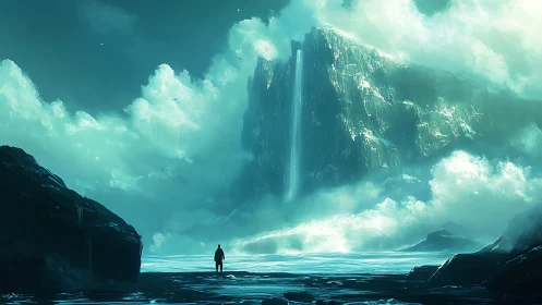 Monolithic ice waterfall plateau dwarfs solitary human observer