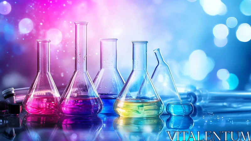 Photorealistic laboratory glassware with neon gradient bokeh backdrop.