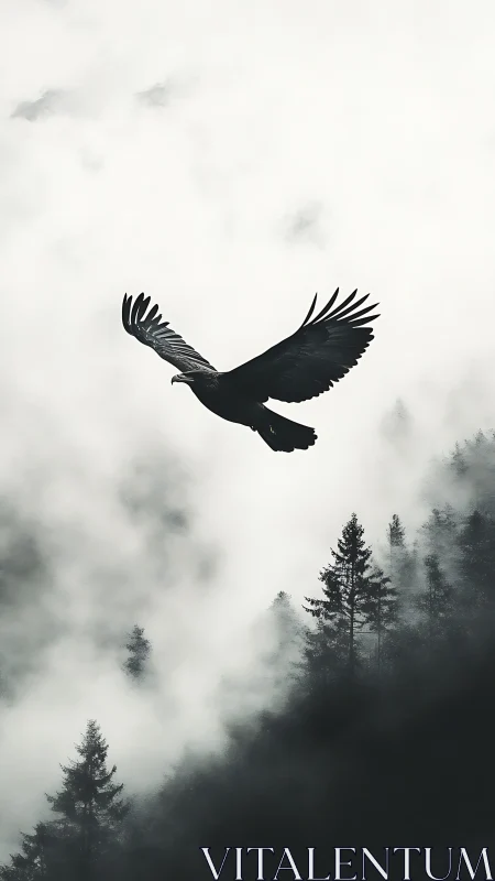 Solitary black eagle glides above mist-shrouded forest.