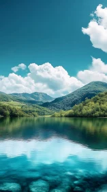 High-altitude turquoise lake with forested hills and cumulus sky
