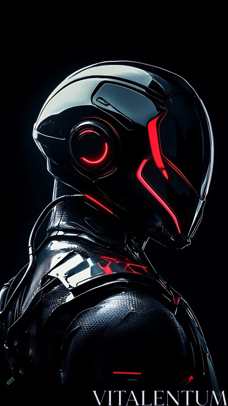 Futuristic armored humanoid profile with red illuminated visor.