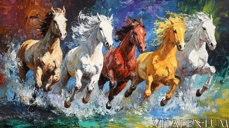 Vibrant Running Horses in Colorful Impasto Art Style Painting.