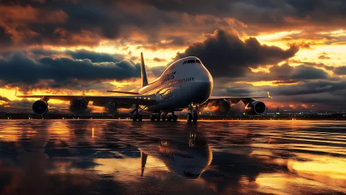 Passenger jet on wet runway under dramatic sunset sky.