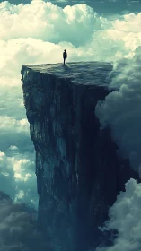 Solitary dreamer stands on a towering cliff above the clouds