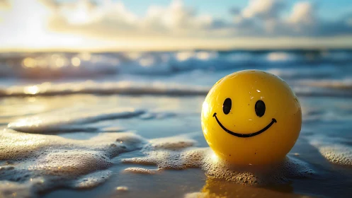Yellow smiley ball rests on wet beach sand at sunset