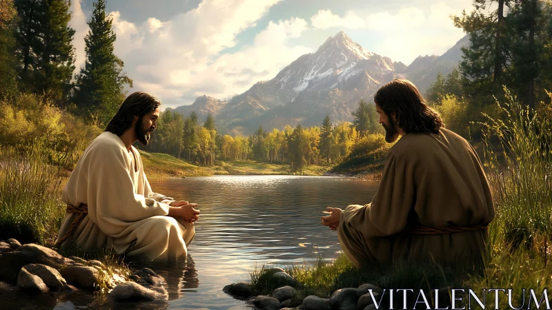 Mountain-lake counsel between robed wanderers at golden dusk.