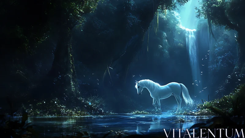 White horse stands in illuminated forest pool below waterfall