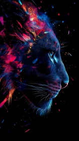 Profile view of digital feline head with neon light effects