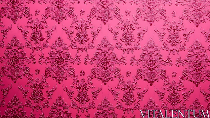 High-relief baroque damask pattern on glossy magenta wall