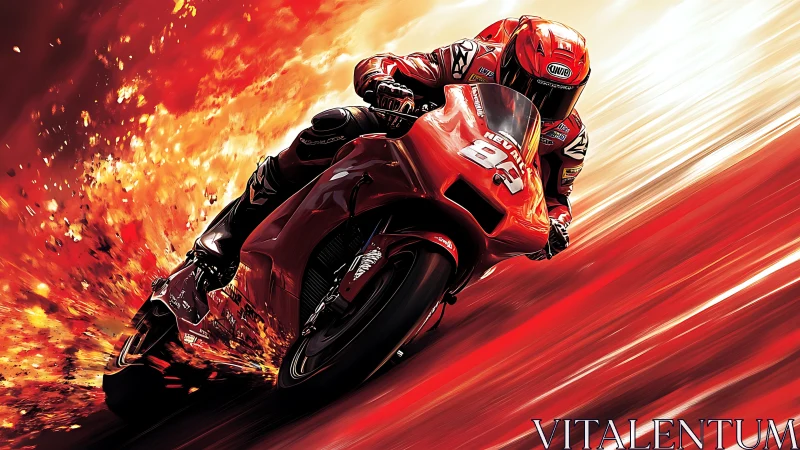 Blazing red superbike racer carving fire through speed lanes.