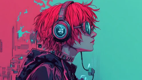Side profile of cyberpunk listener in teal magenta palette.