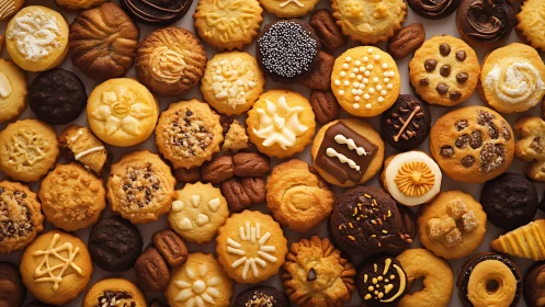 Assorted baked cookies in golden and chocolate tones.