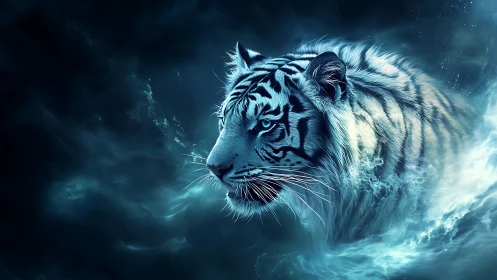 Luminous cyan tiger emerging through turbulent aqueous vapor.