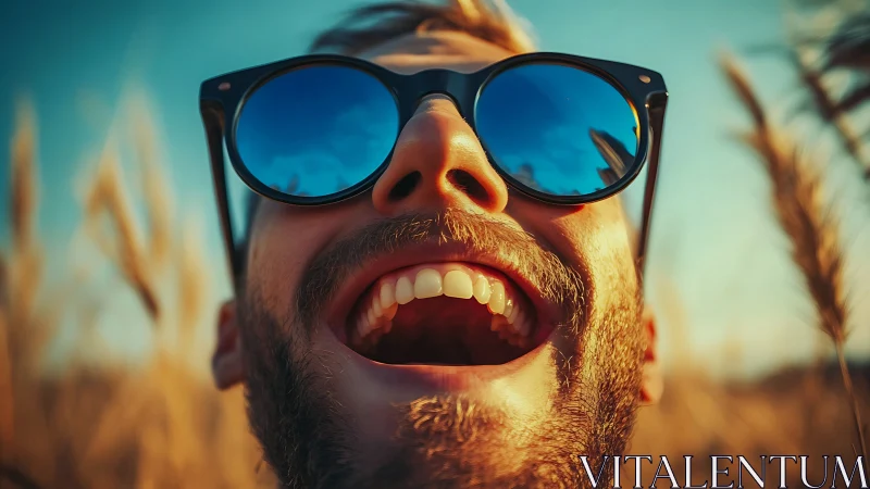 Smiling bearded man wears blue sunglasses in warm sunset field